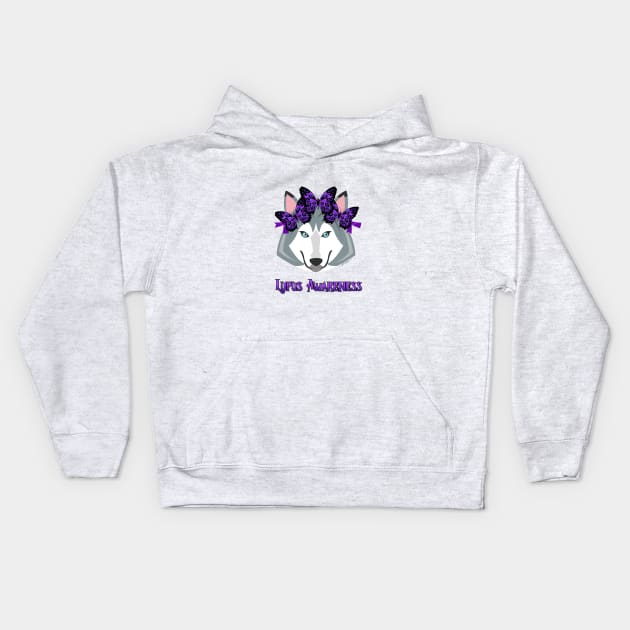 Lupus Wolf wearing Hope Butterfly Headband, Lupus Awareness Kids Hoodie by jhux designs